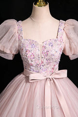 Pink Tulle Floral Floor Length Evening Prom Dresses, A-Line Short Sleeve Evening Dresses