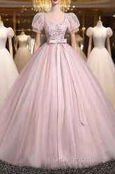 Pink Tulle Floral Floor Length Evening Prom Dresses, A-Line Short Sleeve Evening Dresses