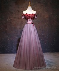 Pink Tulle Lace Applique Long Prom Dress, Burgundy Lace Evening Dress