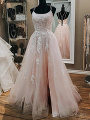 Pink Tulle Lace Appliques A Line Open Back Long Prom Dress, Pink Party Dress
