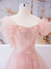 Pink Tulle Lace Beads Long Evening Prom Dresses, Pink A Line Evening Dresses