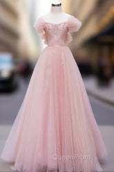 Pink Tulle Lace Beads Long Evening Prom Dresses, Pink A Line Evening Dresses