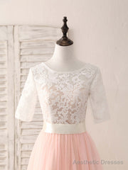 Pink Tulle Lace Long Prom Dress Pink Bridesmaid Dress