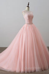 Pink tulle lace long Evening Prom Dresses, pink tulle evening Dresses