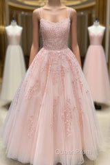 Pink Tulle Lace Long Evening Prom Dresses, Pink Tulle Lace Evening Dresses