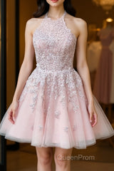 Pink tulle lace short Evening Prom Dresses, pink tulle lace homecoming Dresses
