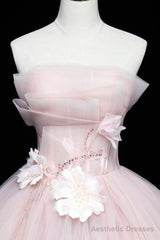 Pink Tulle Long A-Line Ball Gown, Pink Strapless Princess Sweet 16 Dress