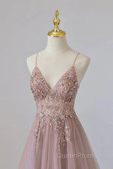 Pink Tulle Long A-Line Evening Prom Dresses, Pink Spaghetti Formal Dresses With Beaded