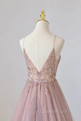 Pink Tulle Long A-Line Evening Prom Dresses, Pink Spaghetti Formal Dresses With Beaded