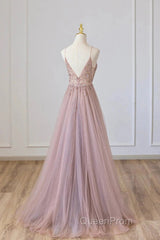 Pink Tulle Long A-Line Evening Prom Dresses, Pink Spaghetti Formal Dresses With Beaded