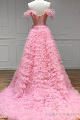 Pink Tulle Long A-Line Prom Dress, Pink Sweetheart Neckline Evening Gown