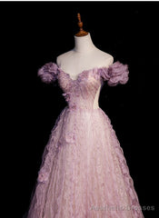 Pink Tulle Long Off Shoulder Party Dress with Flowers Pink Evening Dress Formal Dress prom dresses shops