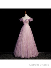 Pink Tulle Long Off Shoulder Party Dress with Flowers Pink Evening Dress Formal Dress prom dresses shops