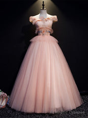 Pink Tulle Off the Shoulder Appliques Beading Quinceanera Dress