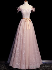 Pink Tulle Off the Shoulder Beading Handwork Flower Prom Dress