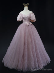 Pink Tulle Off the Shoulder Prom Dress