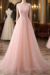 Pink Tulle Round Lace Applique Long Formal Dresses, Pink Tulle Junior Evening Prom Dresses Party Dresses