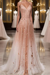 Pink tulle sequin beads long Evening Prom Dresses pink tulle formal Dresses