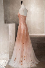Pink tulle sequin beads long Evening Prom Dresses pink tulle formal Dresses