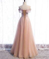 Pink Tulle Sequin Beads Long Prom Dress, Pink Tulle Formal Dresses