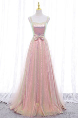 Pink Tulle Sequins Long Prom Dress, Cute Short Sleeve Evening Dress
