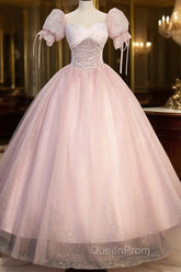 Pink Tulle Sequins Long Evening Prom Dresses, Lovely A-Line Short Sleeve Evening Party Dresses