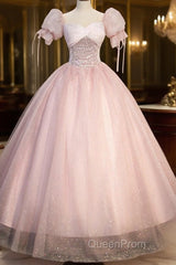 Pink Tulle Sequins Long Evening Prom Dresses, Lovely A-Line Short Sleeve Evening Party Dresses