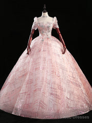 Pink Tulle Sequins Short Sleeve Appliques Quinceanera Dress