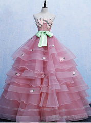 Pink Tulle Strapless Appliques Quinceanera Dress