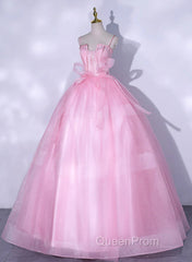 Pink Tulle Straps Ball Gown Long Sweet 16 Dresses, Pink Tulle Formal Dresses