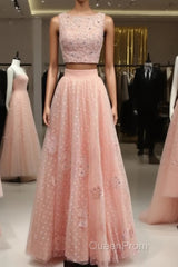 Pink Tulle Two Piece Evening Prom Dresses Lace Crop