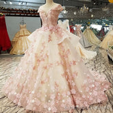 Pink Tulle with Flowers and Beaded Long Party Dress, Pink Sweet 16 Gown