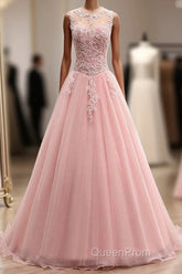 Pink Tulle With Lace Applique Ball Gown Open Back Evening Gown, Pink Formal Dresses
