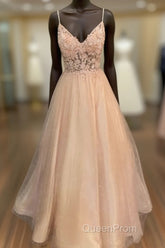 Pink Tulle With Lace Applique Beaded V-Neckline Evening Prom Dresses, Pink Long Party Dresses