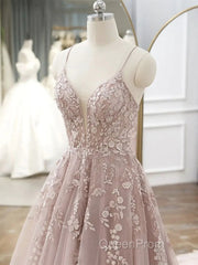 Pink Tulle With Lace Applique Low Back Evening Prom Dresses, Pink A-Line Tulle Party Dresses