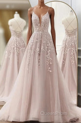 Pink Tulle With Lace Applique Low Back Evening Prom Dresses, Pink A-Line Tulle Party Dresses