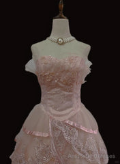 Pink Tulle with Lace Princess Formal Dress, Cute Pink Tulle Prom Dress