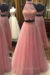 Pink Two Pieces Lace Tulle Long Evening Prom Dresses, Pink Evening Dresses