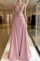 Pink V-Neck Fitted Satin Lace Long Evening Prom Dresses