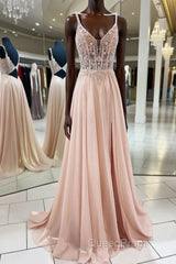 Pink v neck lace chiffon long Evening Prom Dresses, pink formal Dresses
