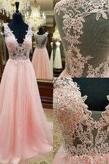 Pink V Neck Lace Long Evening Prom Dresses, Pink Evening Dresses