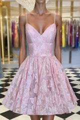Pink v neck lace short Evening Prom Dresses, pink lace homecoming Dresses