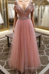 Pink V Neck Lace Tulle Long Evening Prom Dresses, Pink Evening Dresses