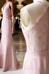 Pink v neck satin lace long Evening Prom Dresses, lace bridesmaid Dresses