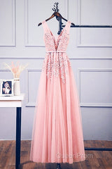 Pink V Neck Tulle Lace Applique Long Evening Prom Dresses, Pink Bridesmaid Dresses