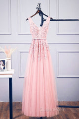 Pink V Neck Tulle Lace Applique Long Evening Prom Dresses, Pink Bridesmaid Dresses