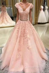 Pink v neck tulle lace applique long Evening Prom Dresses, pink tulle evening Dresses
