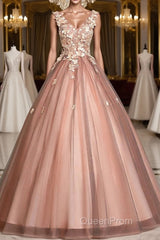 Pink v neck tulle lace long Evening Prom Dresses pink tulle formal Dresses