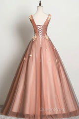 Pink v neck tulle lace long Evening Prom Dresses pink tulle formal Dresses