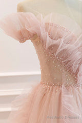 Pink V-Neck Tulle Long Prom Dress, Off the Shoulder Evening Graduation Dress